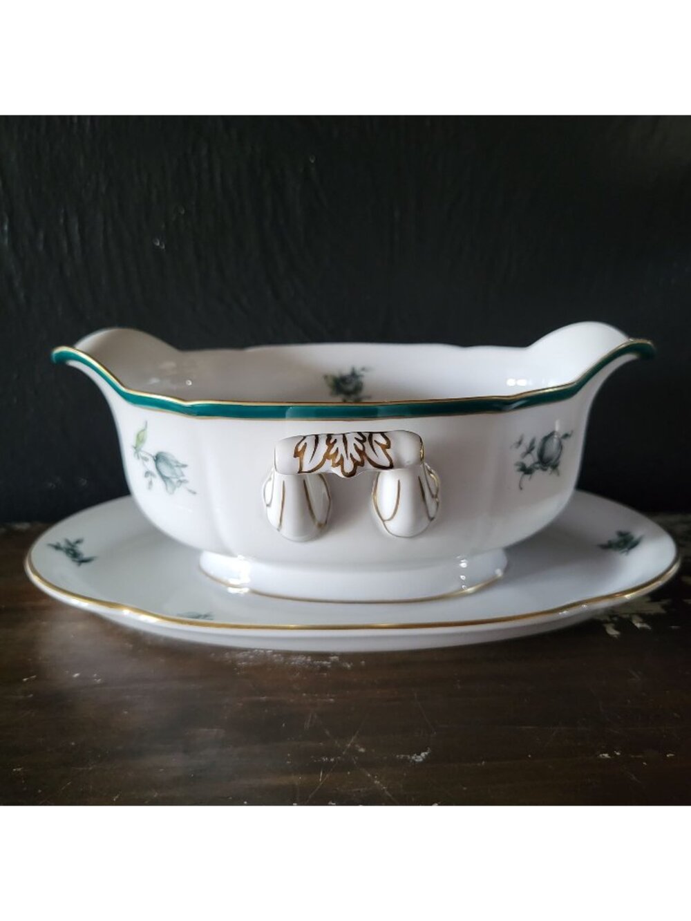 Vintage Royal Bayreuth Teal Tulip Gravy Boat With Attached Underplate